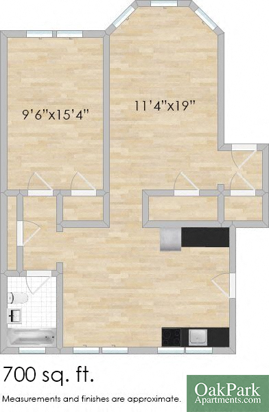 Floor plan for 1 bed, 1 bath, 700 sqft